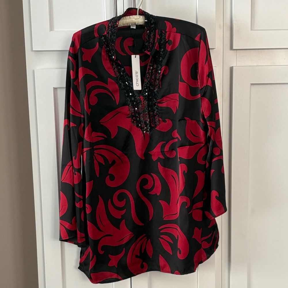 Chico's Elegant Black and Red Blouse, sequined trim. NWT, large